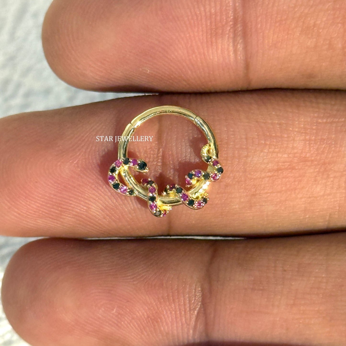 14K Solid Gold Red and Black Coral Sanke Daith Piercing
