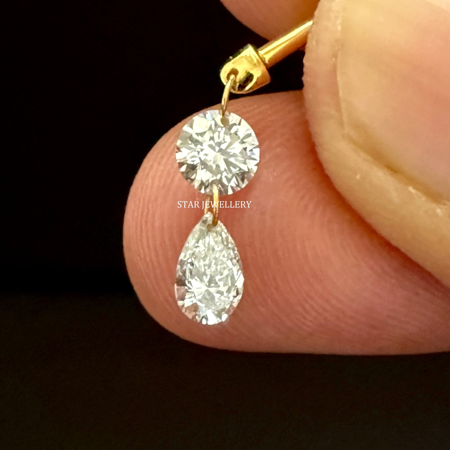 Solid Gold Lab Grown Diamond Dangle Earrings: Round & Pear Cut