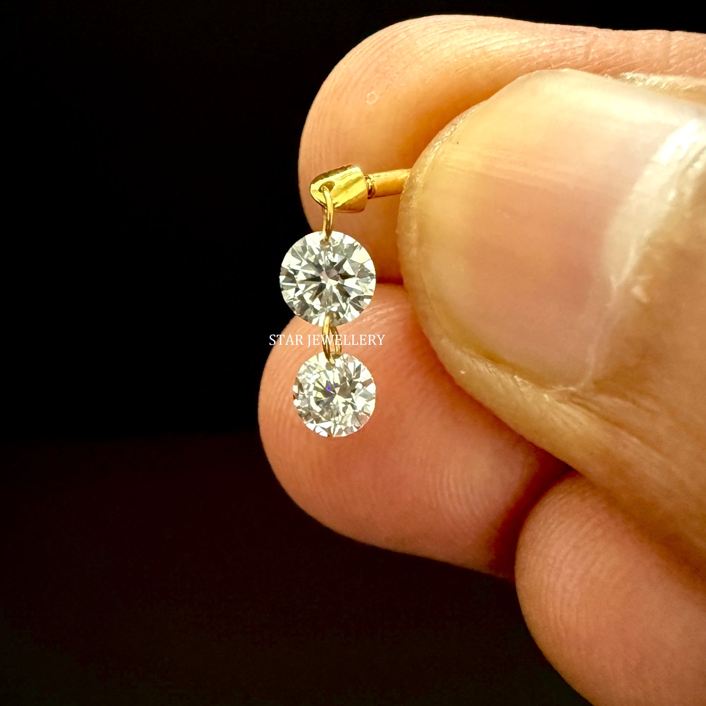 Solid Gold Lab Grown Diamond Dangle Earrings: Floating Double Round Cut