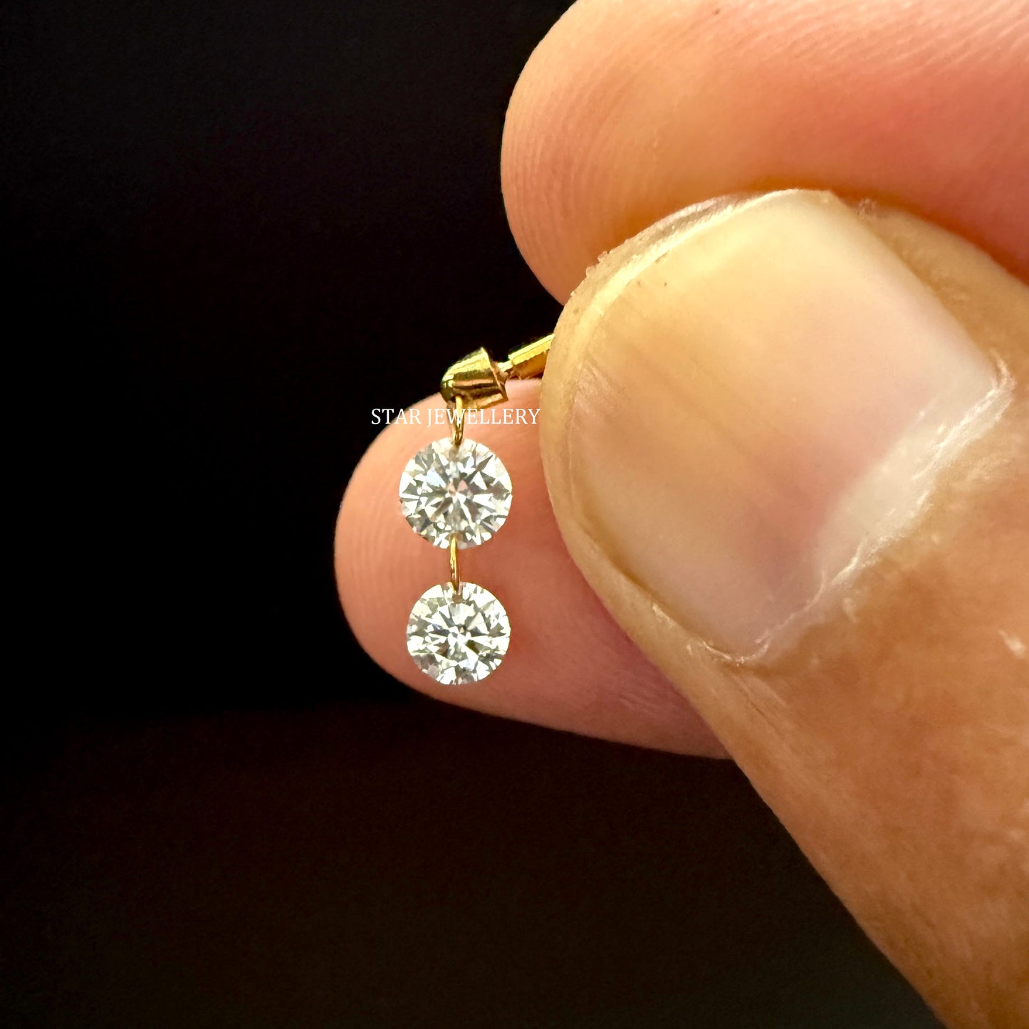 Solid Gold Lab Grown Diamond Dangle Earrings: Floating Double Round Cut