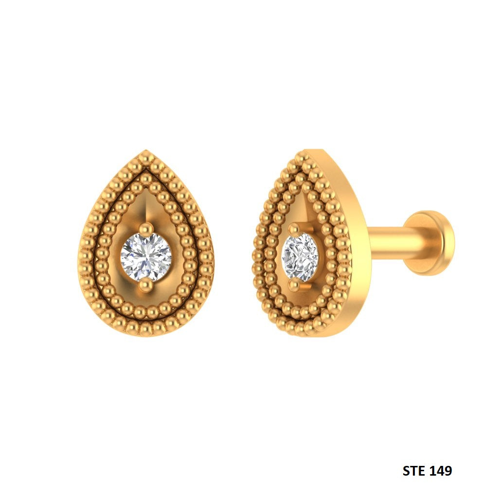 14K Solid Gold Natural Diamond Pear Stud
