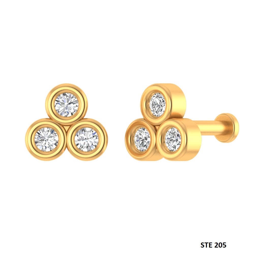 Three Stone Genuine Bezel Set Diamond 14K Gold Earring