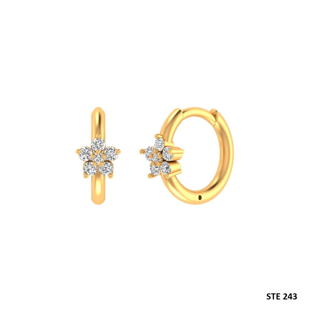 14K Solid Gold Single Flower Diamond Hoop Earring