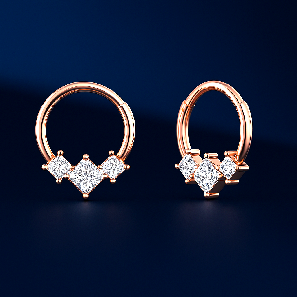 925 Sterling Silver Three Stone Princess Diamond Daith Clicker Piercing