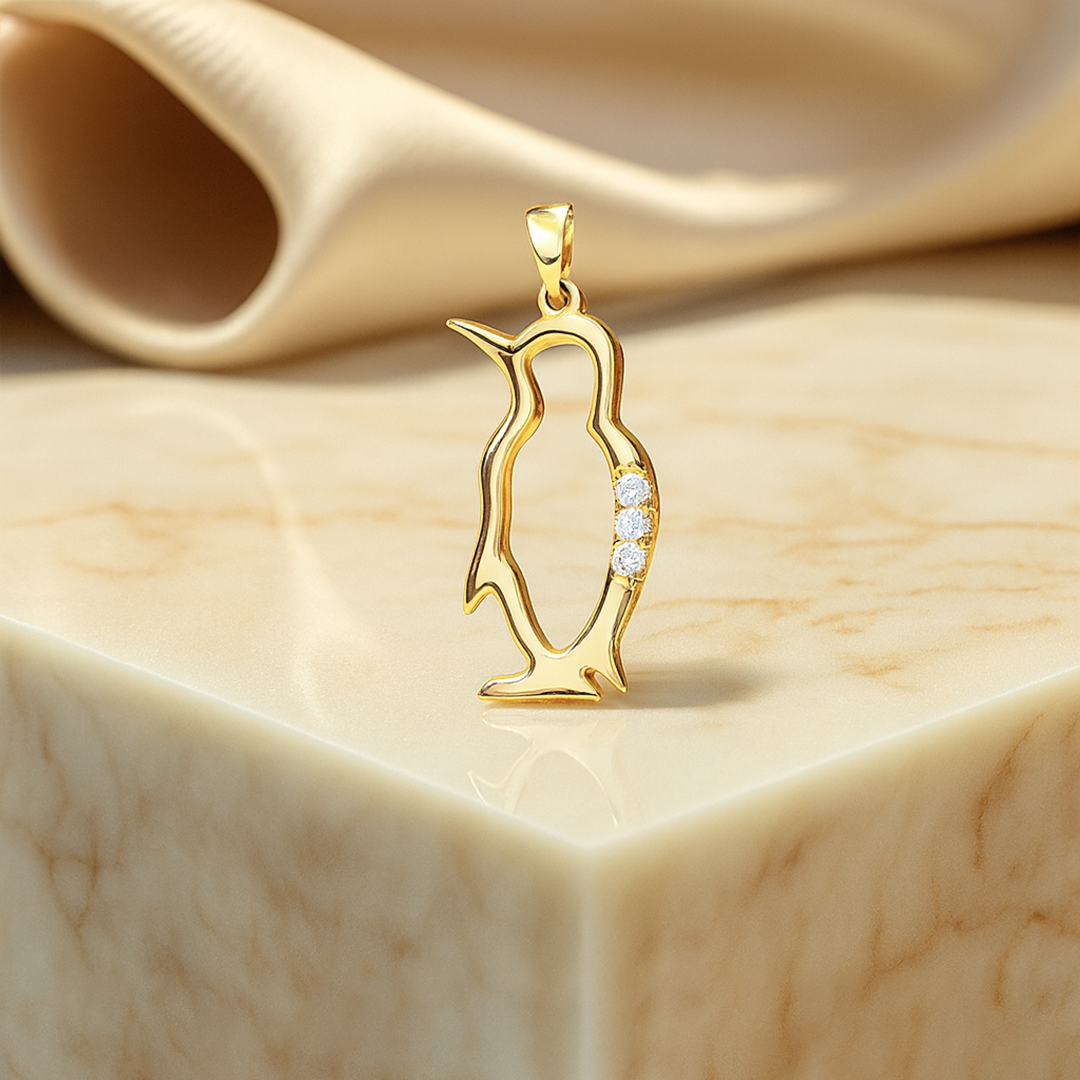 Natural Diamond Solid Gold Penguin Pendant