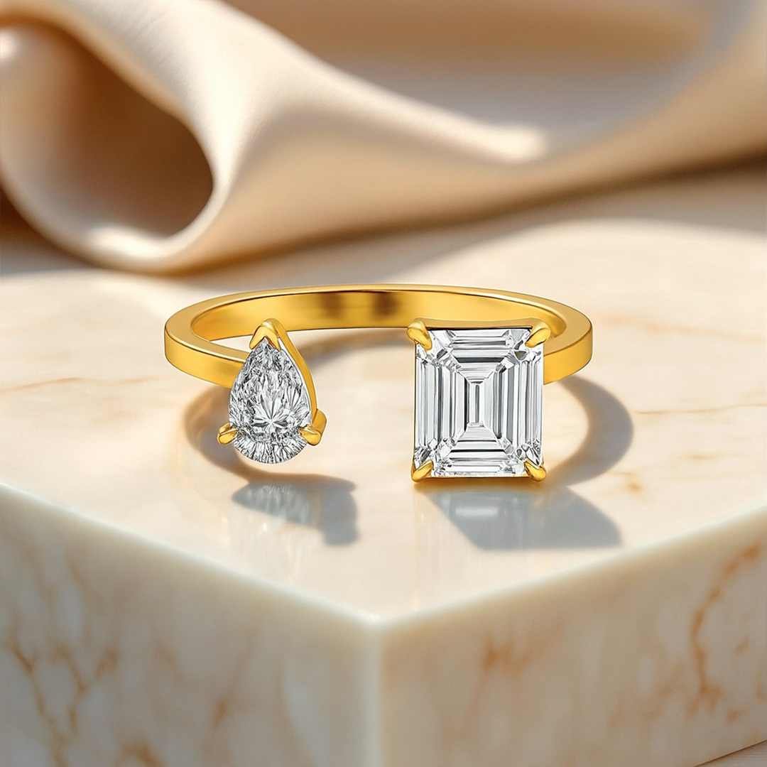 Toi Et Moi Pear Cut and Emerald Cut Lab Grown Diamond Gold Ring