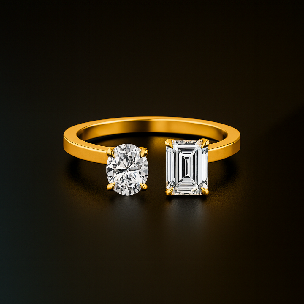 Colorless Oval Cut and Emerald Cut Toi Et Moi Moissanite Ring