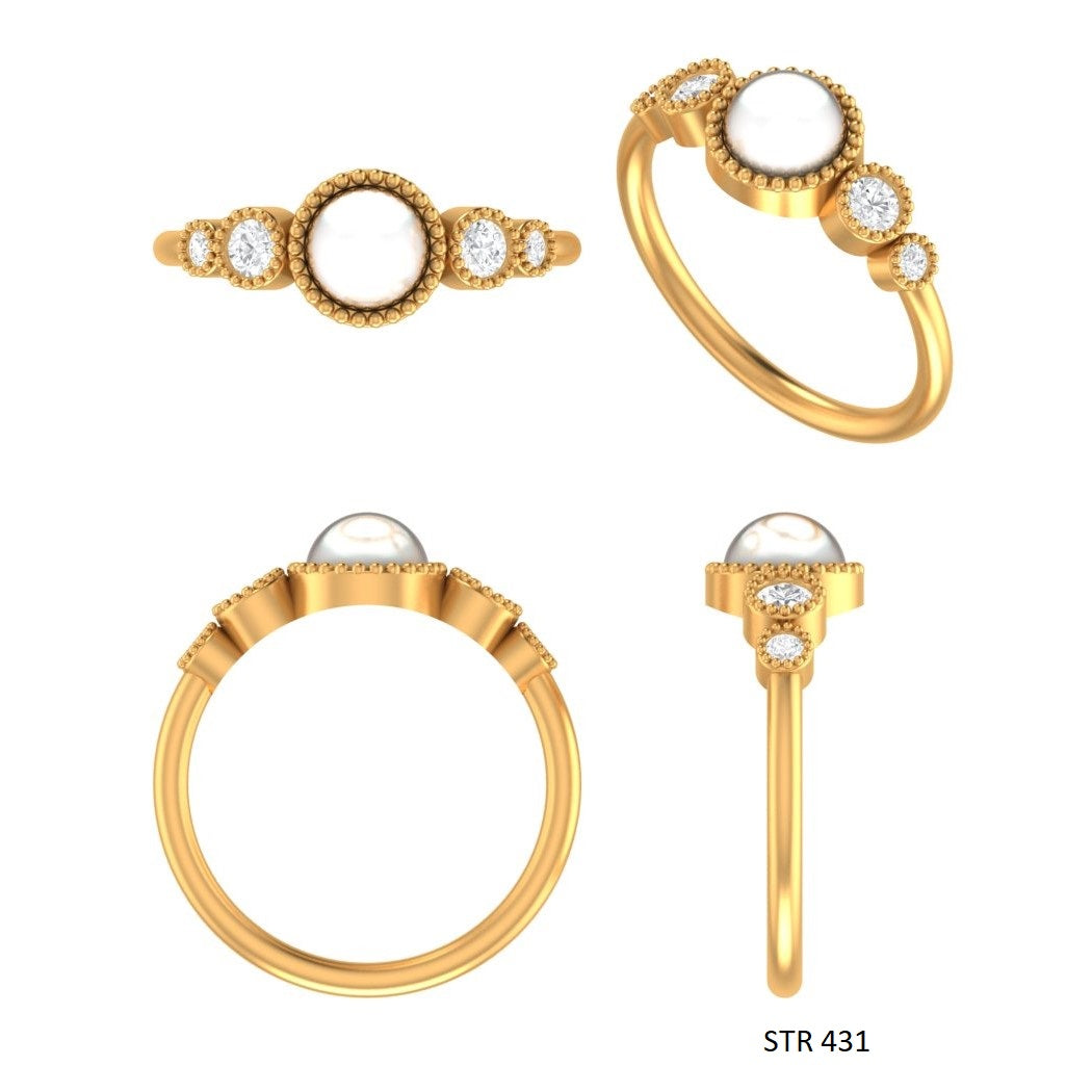 14K Solid Gold Diamond Pearl Miligrain Ring