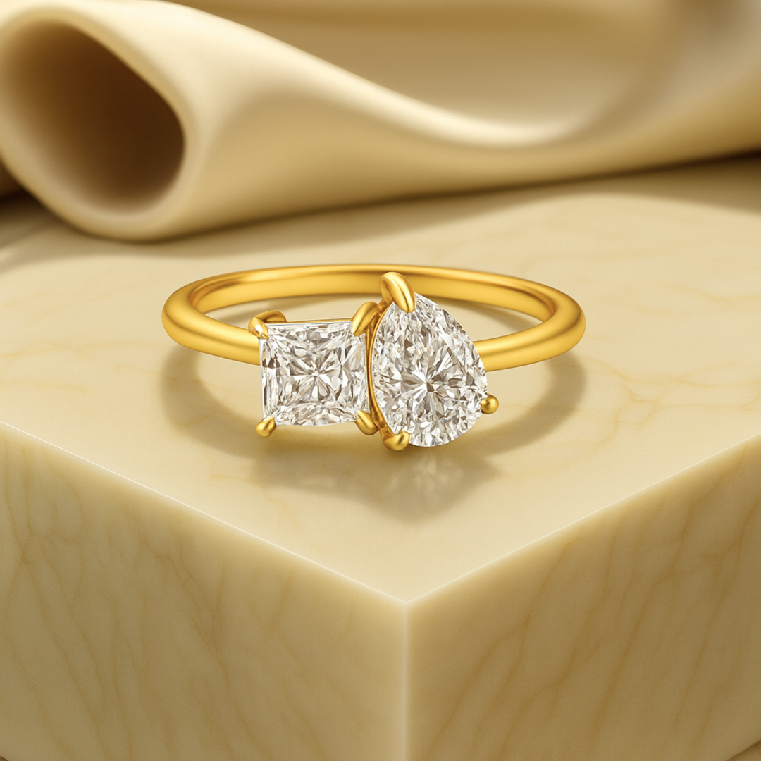 Solid Gold Toi Et Moi Princess Cut & Pear Cut Moissanite Ring