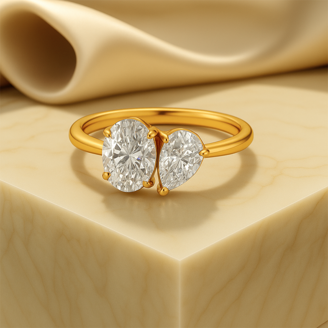 14K Solid Gold Toi Et Moi Pear Cut & Oval Cut Moissanite Ring