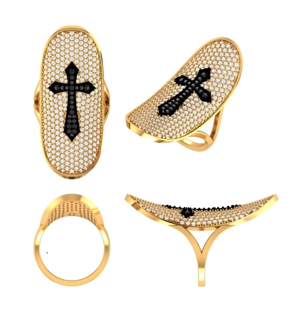 14K Solid Gold Pave Set Diamond Unique Designer Cross Ring