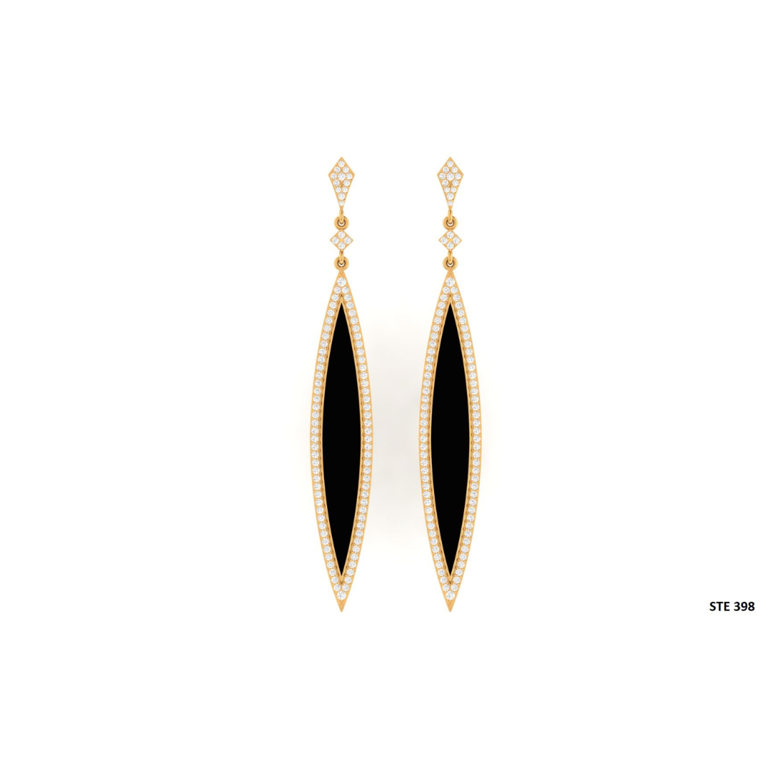 Natural Diamond Black Enamel Long Bridal Earring