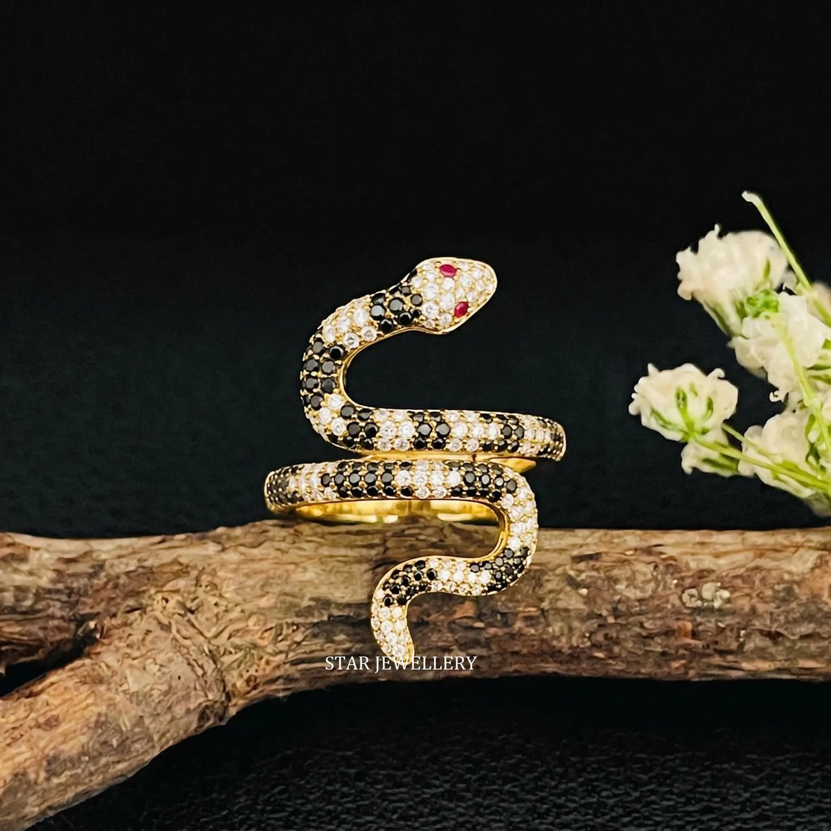 14K Solid Gold Black and White Moissanite Serpent Ring