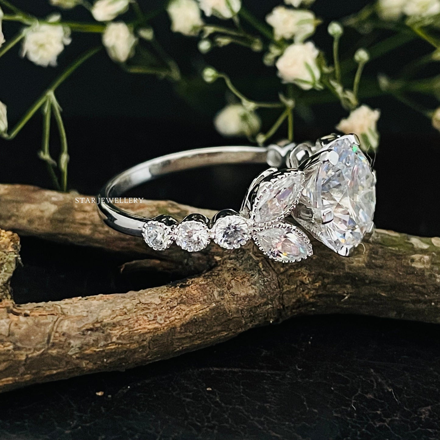 Art Deco Brilliant Round Cut Colorless Moissanite Miligrain Engagement Ring