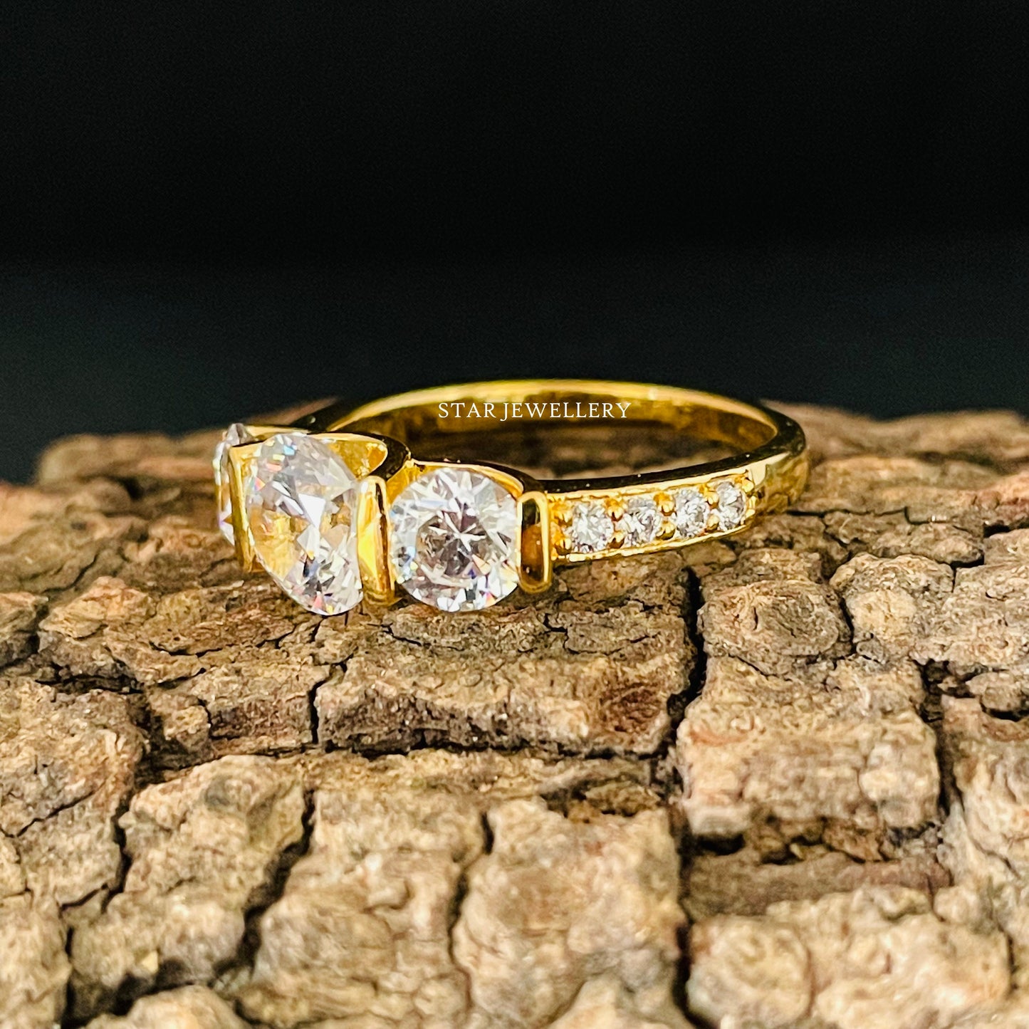14K Solid Gold Three Stone Bar Set Moissanite Ring