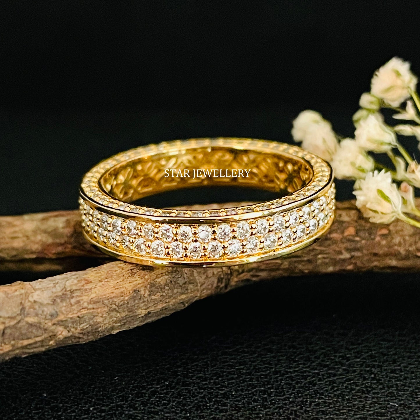 14K Solid Gold Pave Set Two Line Lab Diamond Eternity Wedding Ring