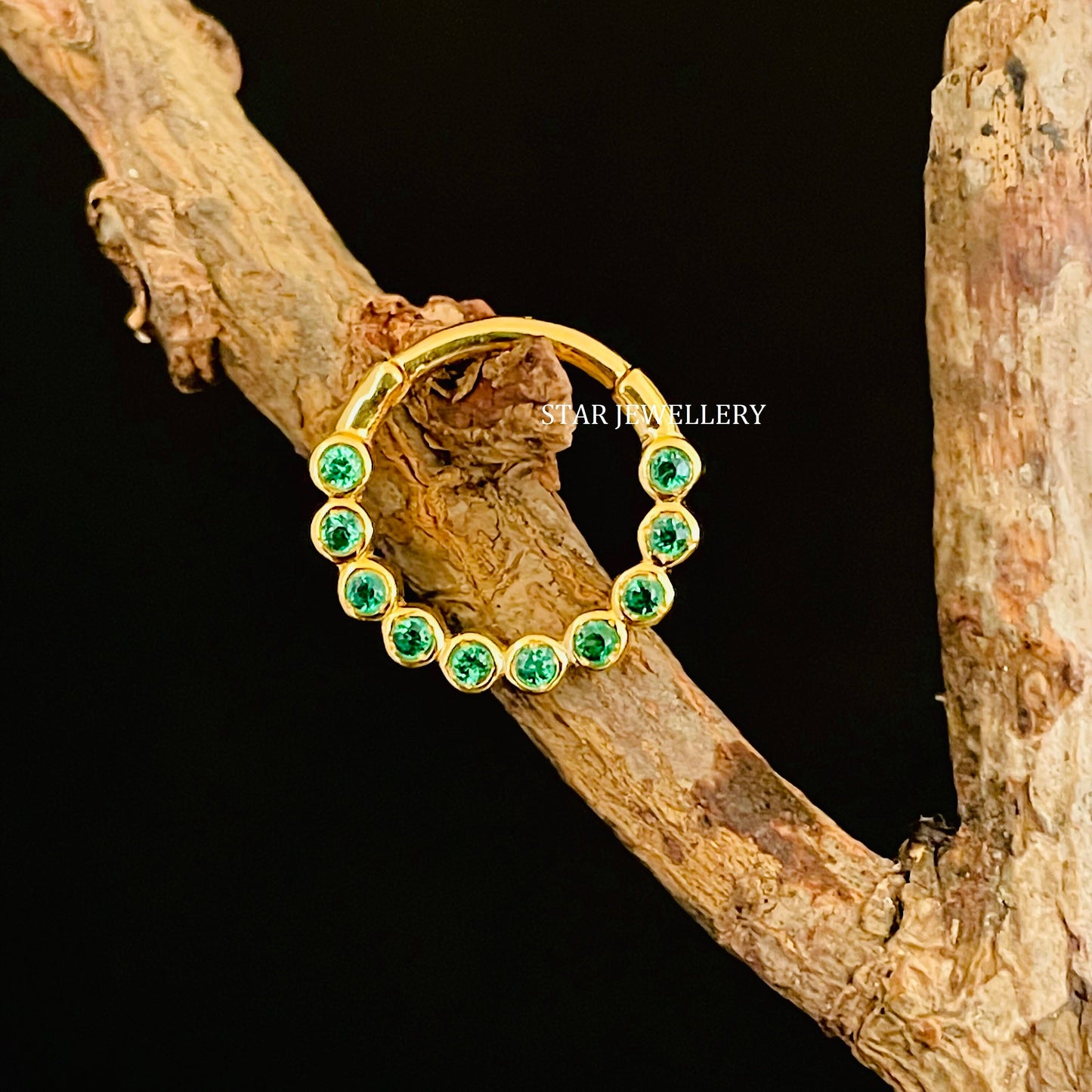 14K Solid Gold Bezel Set Minimalist CZ Green Diamond Daith Clicker
