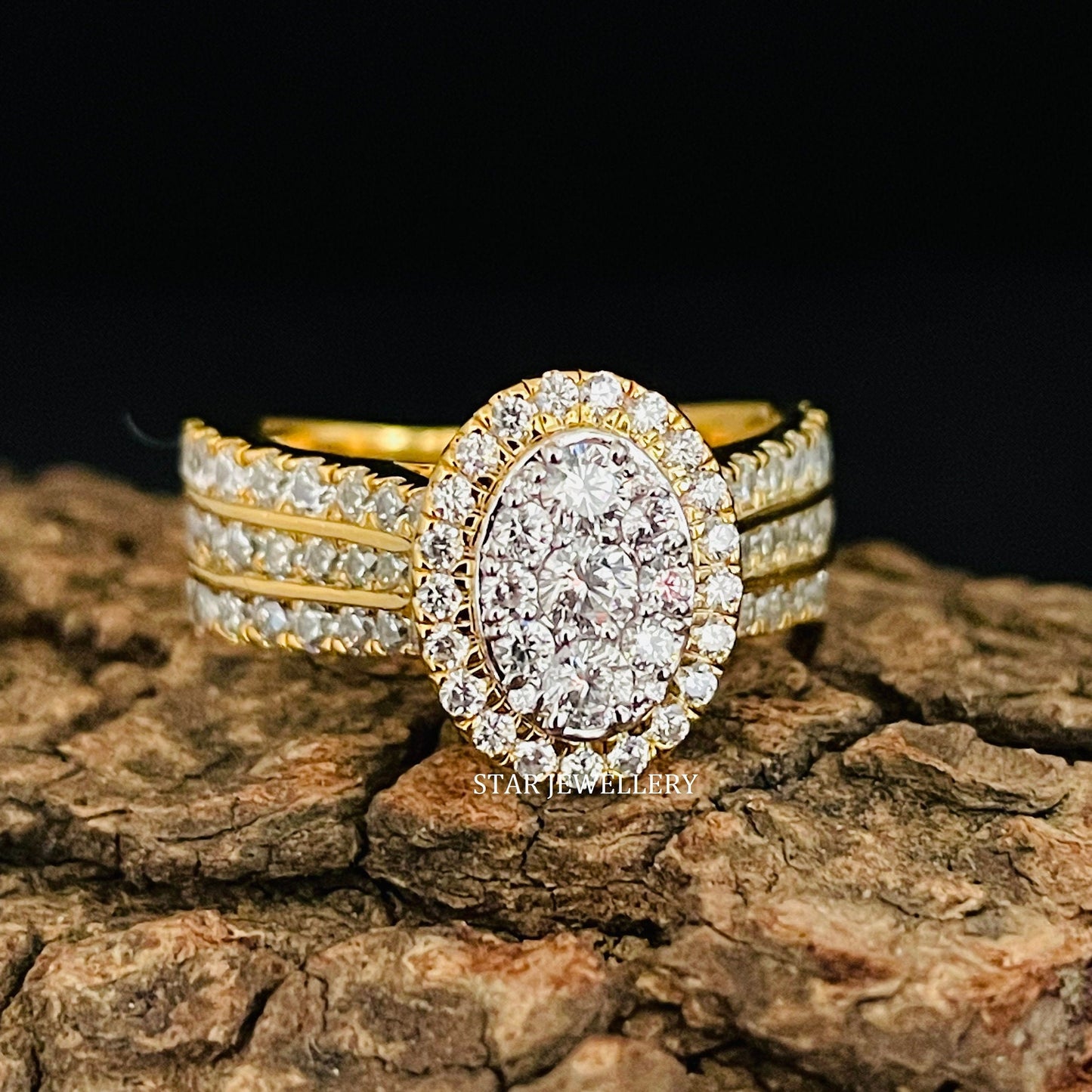 Oval Shape Diamond Cluster Halo Engagement Ring with 14K Solid Gold