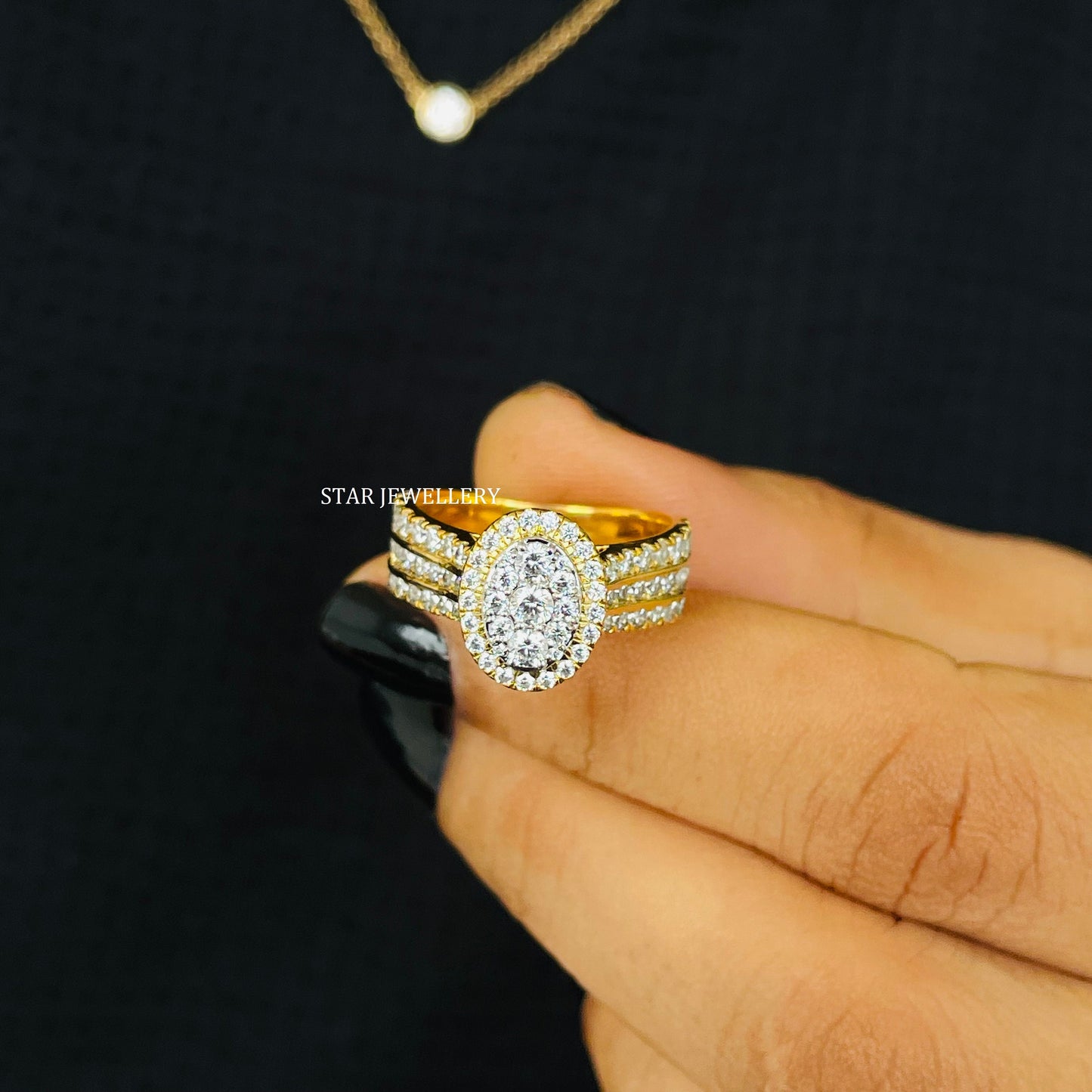 Oval Shape Diamond Cluster Halo Engagement Ring with 14K Solid Gold