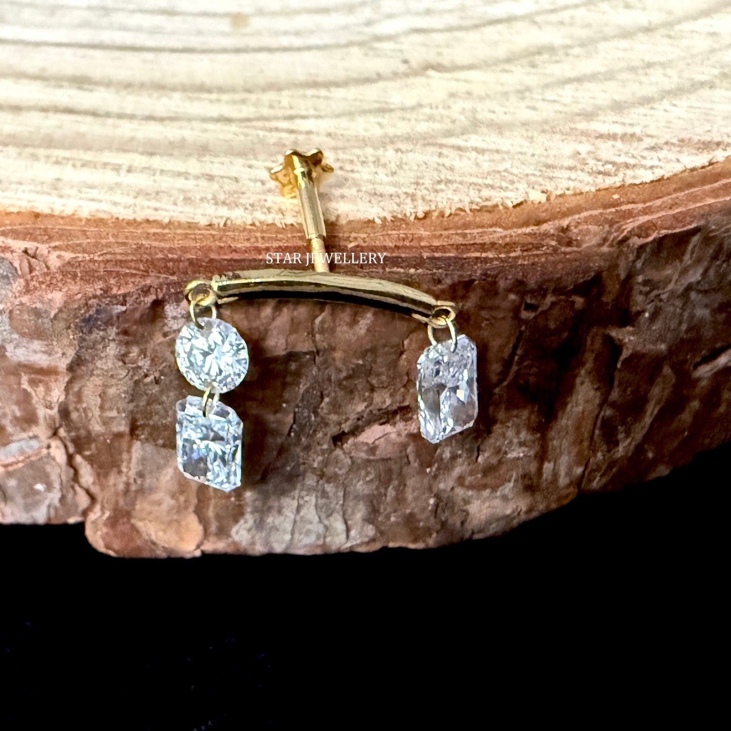 14K Gold Diamond Drape Earring: Radiant & Round Floating Stud