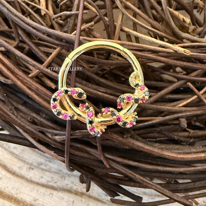 14K Solid Gold Red and Black Coral Sanke Daith Piercing