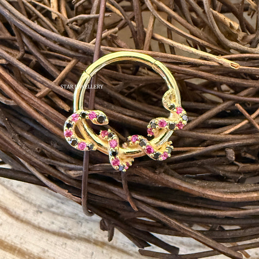 14K Solid Gold Red and Black Coral Sanke Daith Piercing