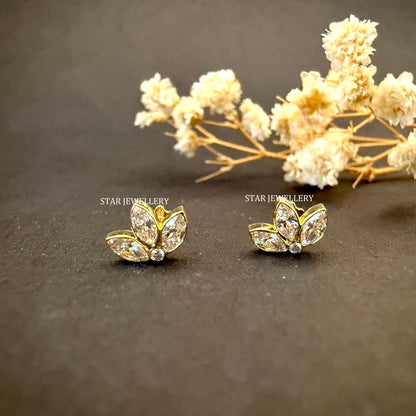 Invisible Set Lab Diamond Lotus Stud Earrings : 14K Solid Gold Piercing