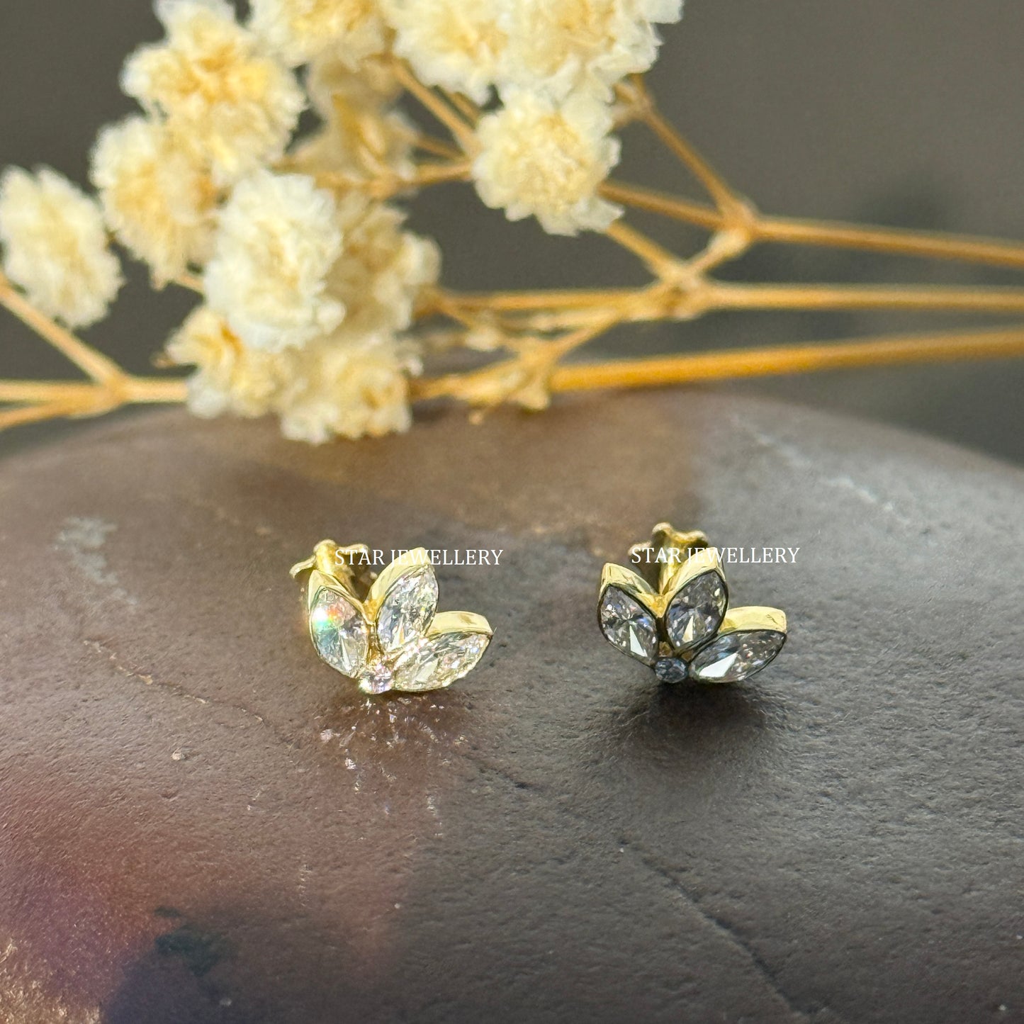 Invisible Set Lab Diamond Lotus Stud Earrings : 14K Solid Gold Piercing