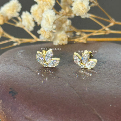 Invisible Set Lab Diamond Lotus Stud Earrings : 14K Solid Gold Piercing
