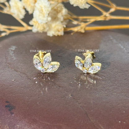 Invisible Set Lab Diamond Lotus Stud Earrings : 14K Solid Gold Piercing