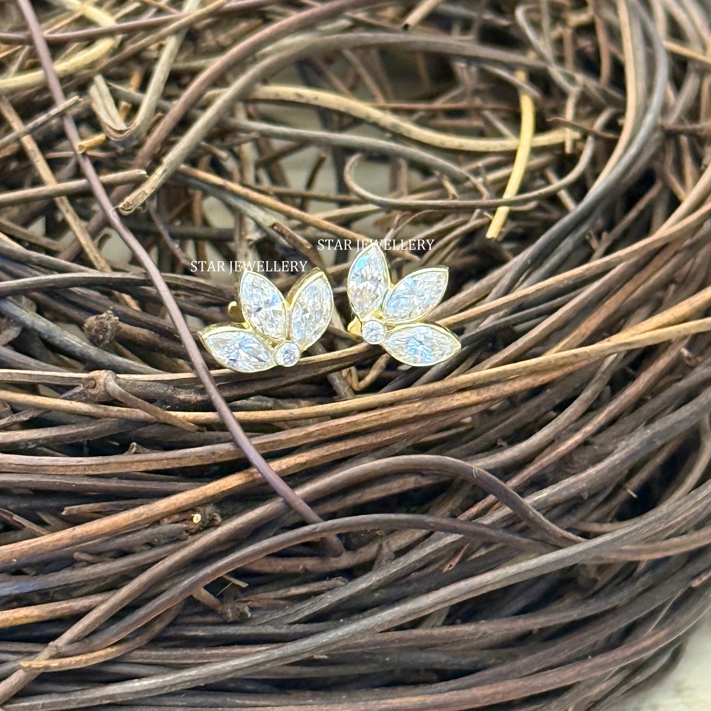 Invisible Set Lab Diamond Lotus Stud Earrings : 14K Solid Gold Piercing