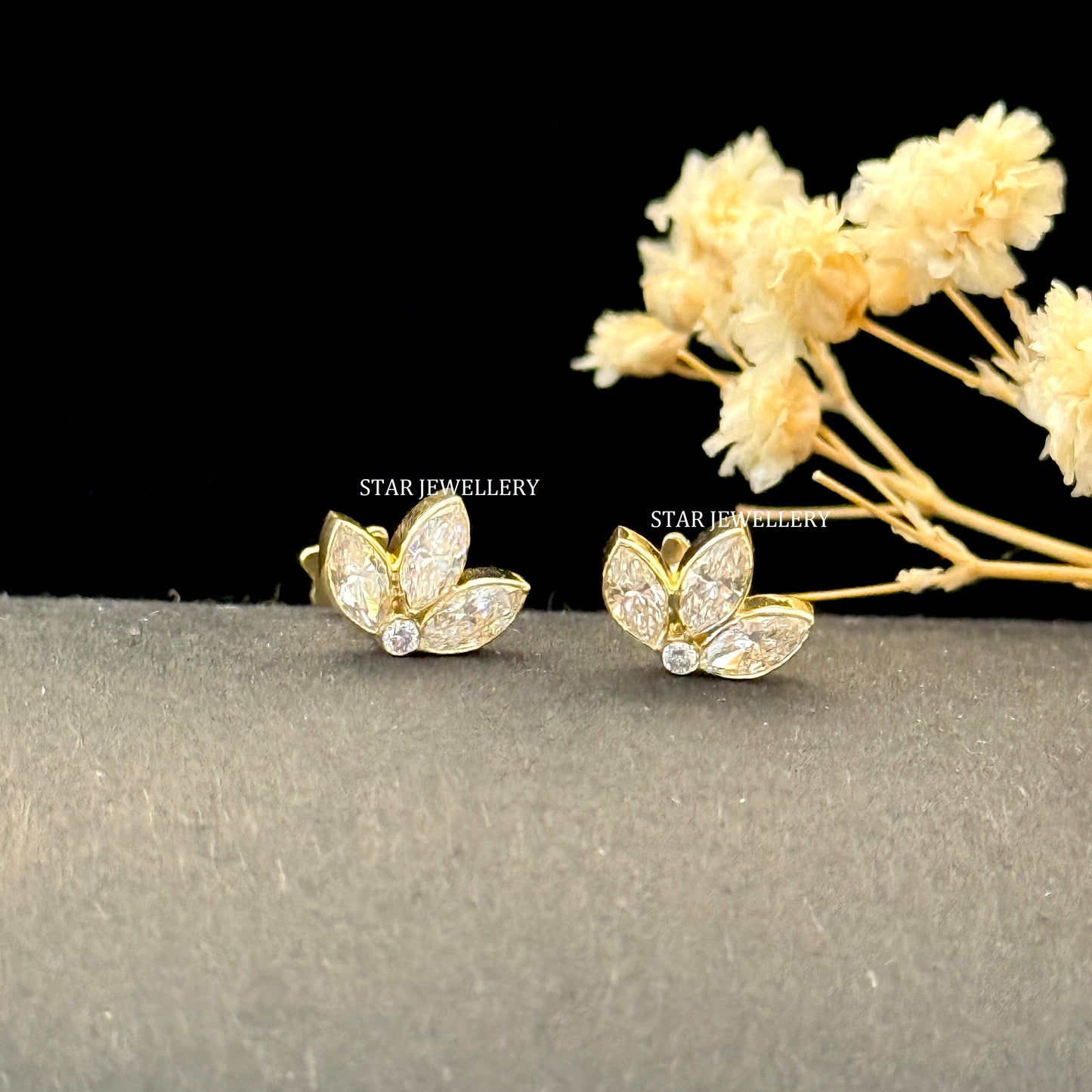 Invisible Set Lab Diamond Lotus Stud Earrings : 14K Solid Gold Piercing