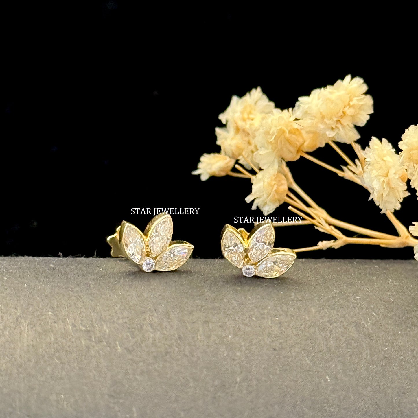 Invisible Set Lab Diamond Lotus Stud Earrings : 14K Solid Gold Piercing