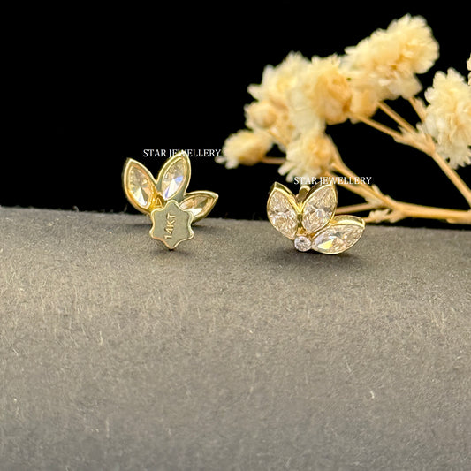 Invisible Set Lab Diamond Lotus Stud Earrings : 14K Solid Gold Piercing