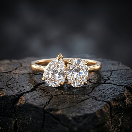 14K Solid Gold Toi Et Moi Pear Cut & Oval Cut Lab Grown Diamond Ring