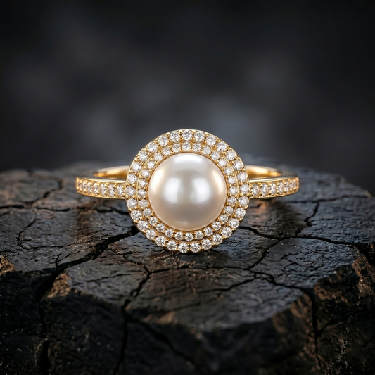 14K Solid Gold Diamond Pearl Halo Ring