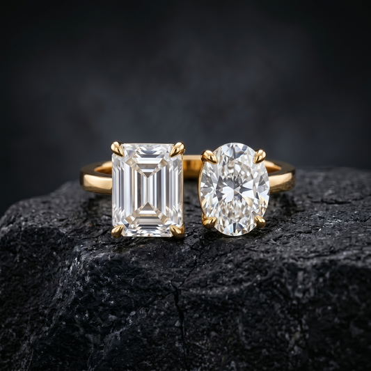 Oval Cut and Emerald Cut Toi Et Moi Lab Grown Diamond Ring
