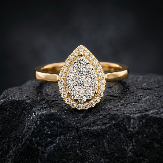 Solid Gold Natural Diamond Pear Shape Diamond Cluster Halo Ring