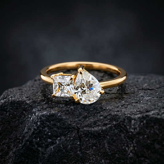 Solid Gold Toi Et Moi Princess Cut & Pear Cut Lab Grown Diamond Ring