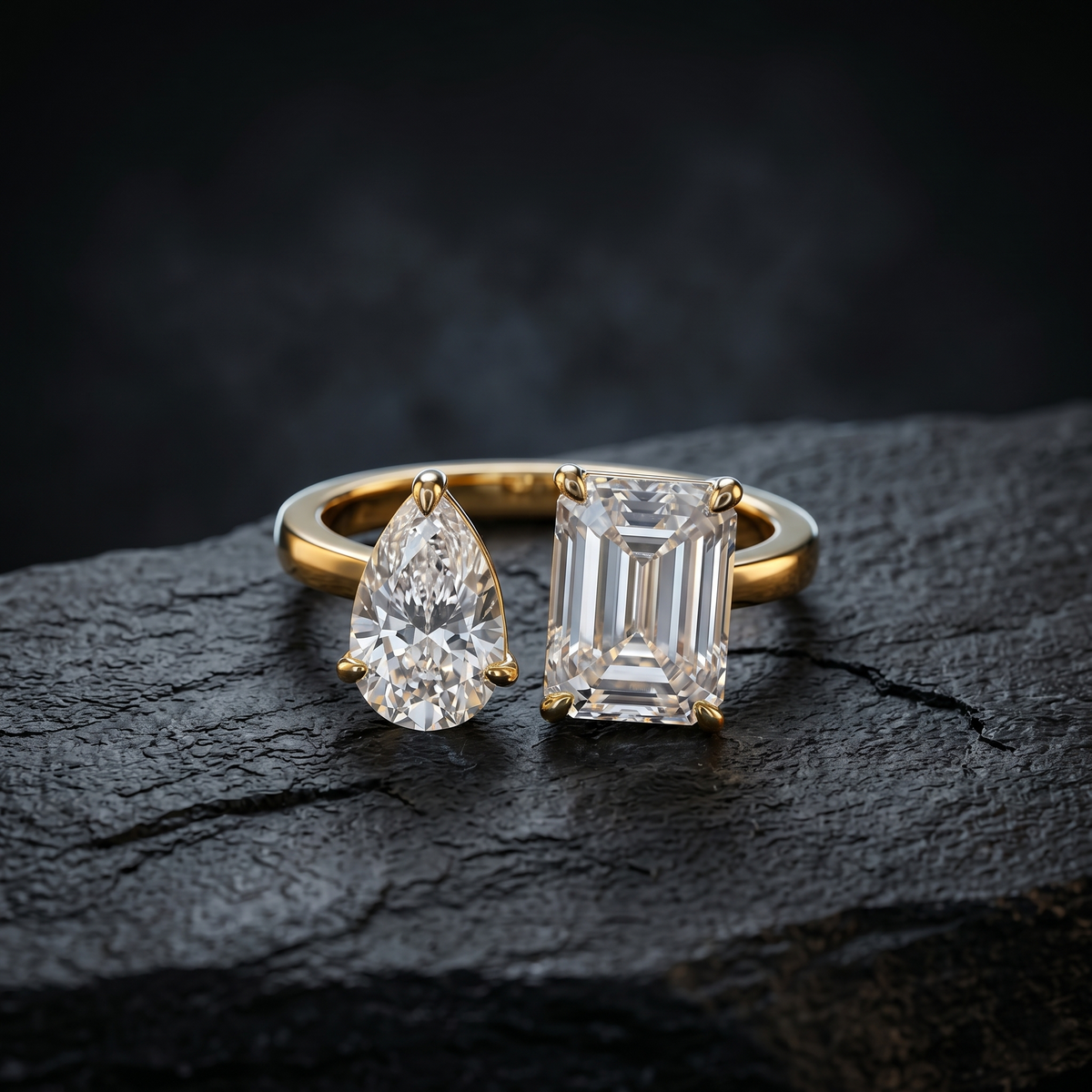 Toi Et Moi Pear Cut and Emerald Cut Lab Grown Diamond Gold Ring