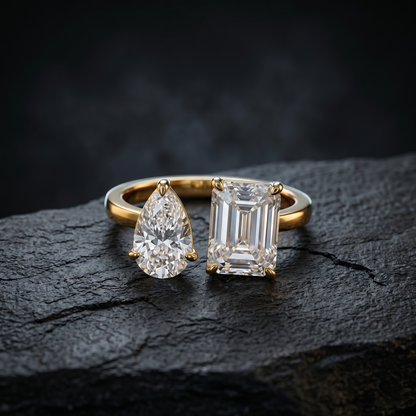 Toi Et Moi Pear Cut and Emerald Cut Lab Grown Diamond Gold Ring