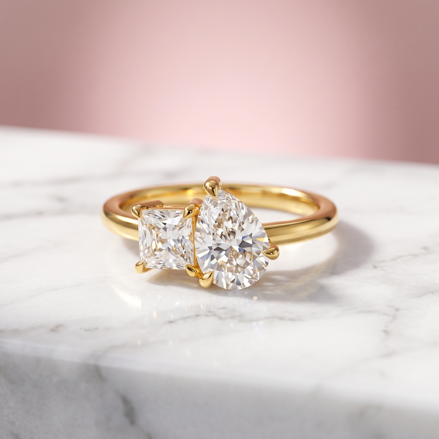 Solid Gold Toi Et Moi Princess Cut & Pear Cut Moissanite Ring