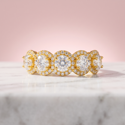Five Lab Diamond Halo Solid Gold Wedding Proposal Ring
