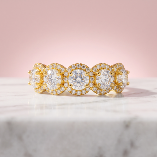 Five Lab Diamond Halo Solid Gold Wedding Proposal Ring