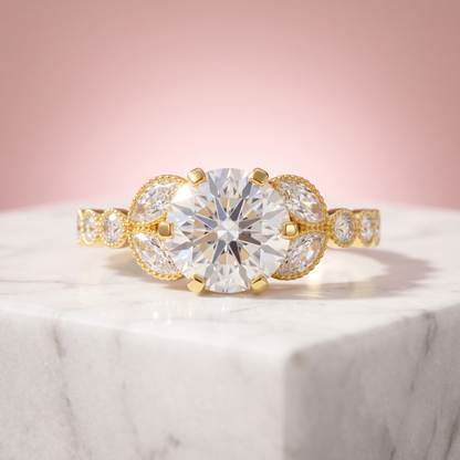 Art Deco Brilliant Round Cut Colorless Moissanite Miligrain Engagement Ring
