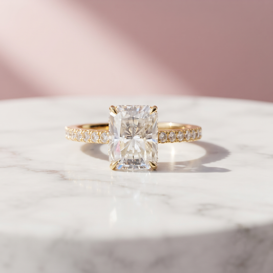 Colorless Radiant Cut Moissanite Hidden Halo Ring for her