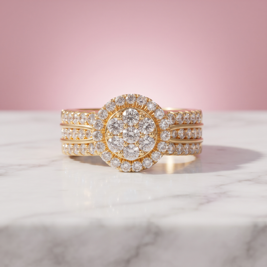 Round Diamond Cluster Halo Engagement Ring with 14K Solid Gold