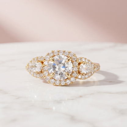 1.25 Ct Colorless Round Cut Three Stone Halo Moissanite Engagement Ring