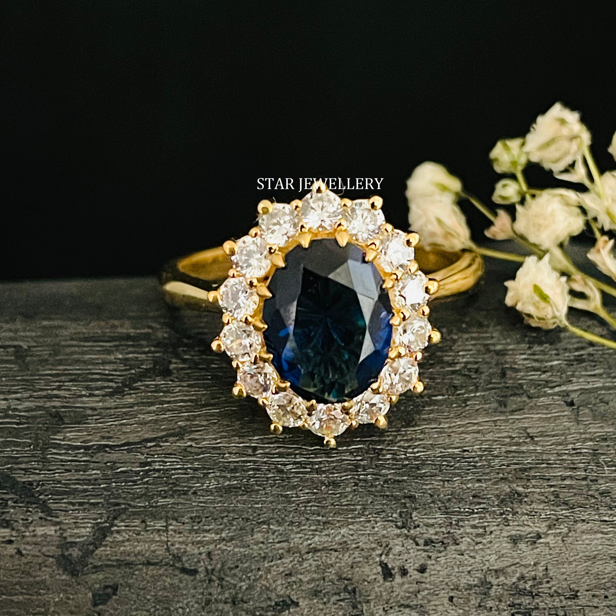 Blue Sapphire Diamond Halo Ring