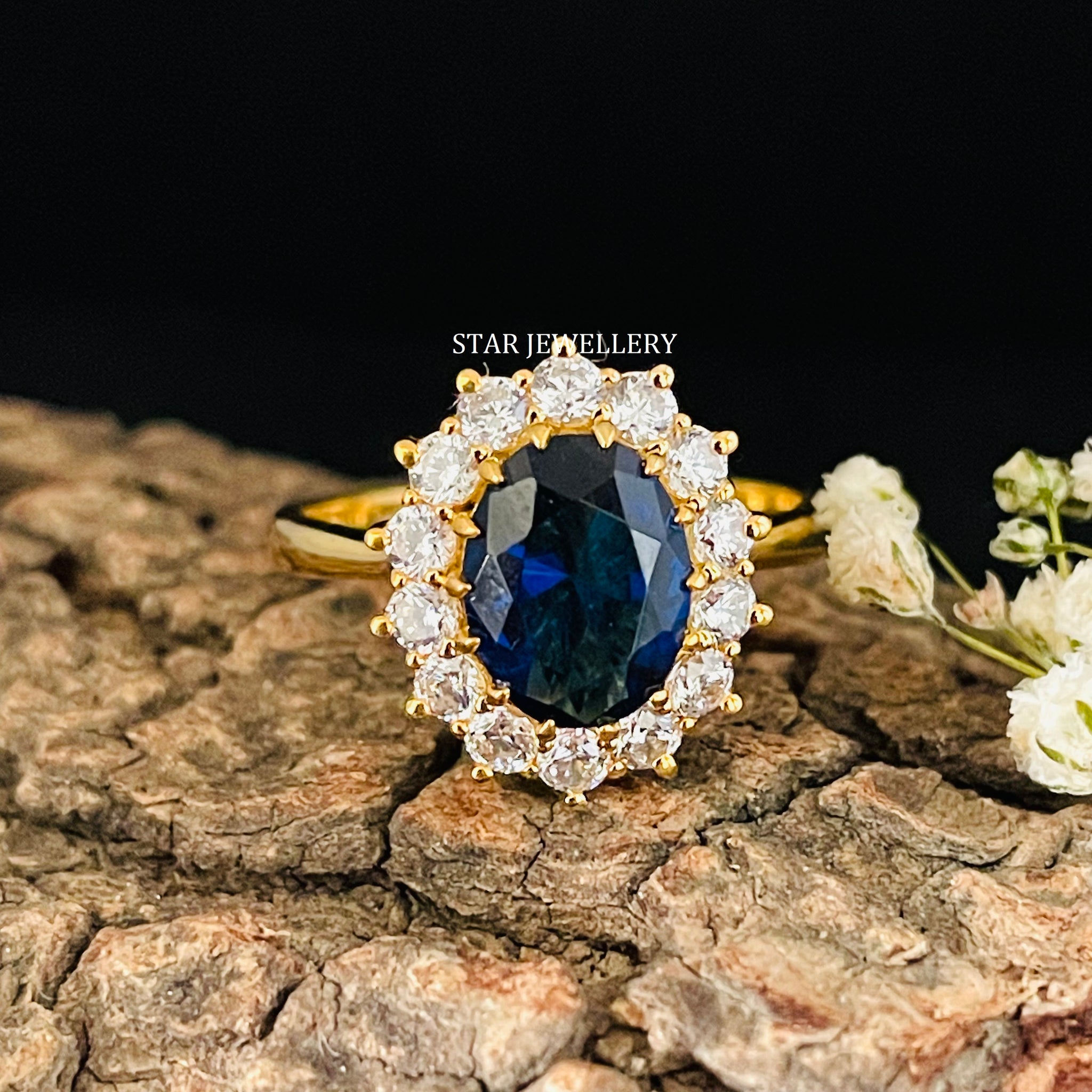 Blue Sapphire Diamond Halo Ring